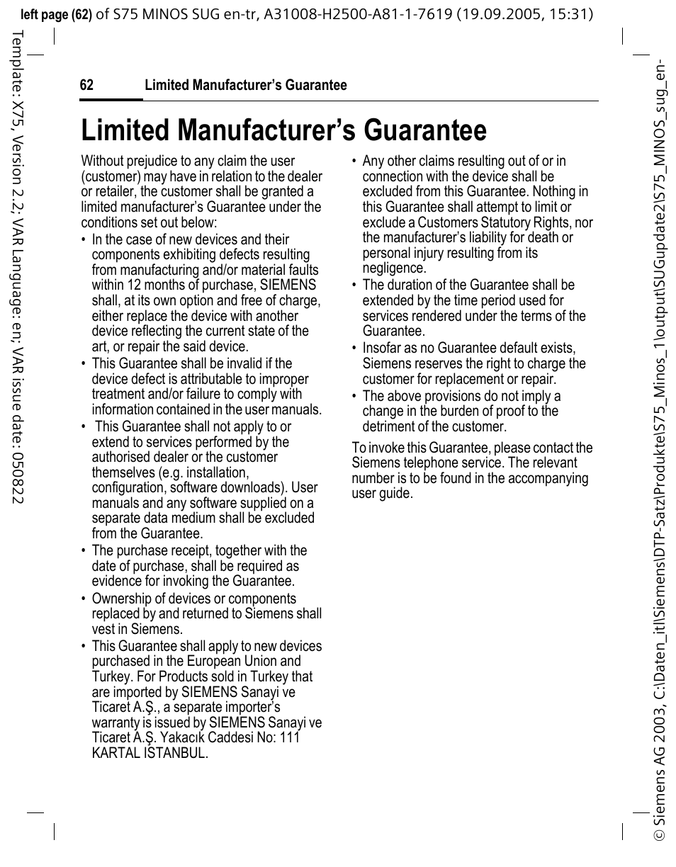 Limited manufacturer’s guarantee | Siemens S75 User Manual | Page 63 / 72