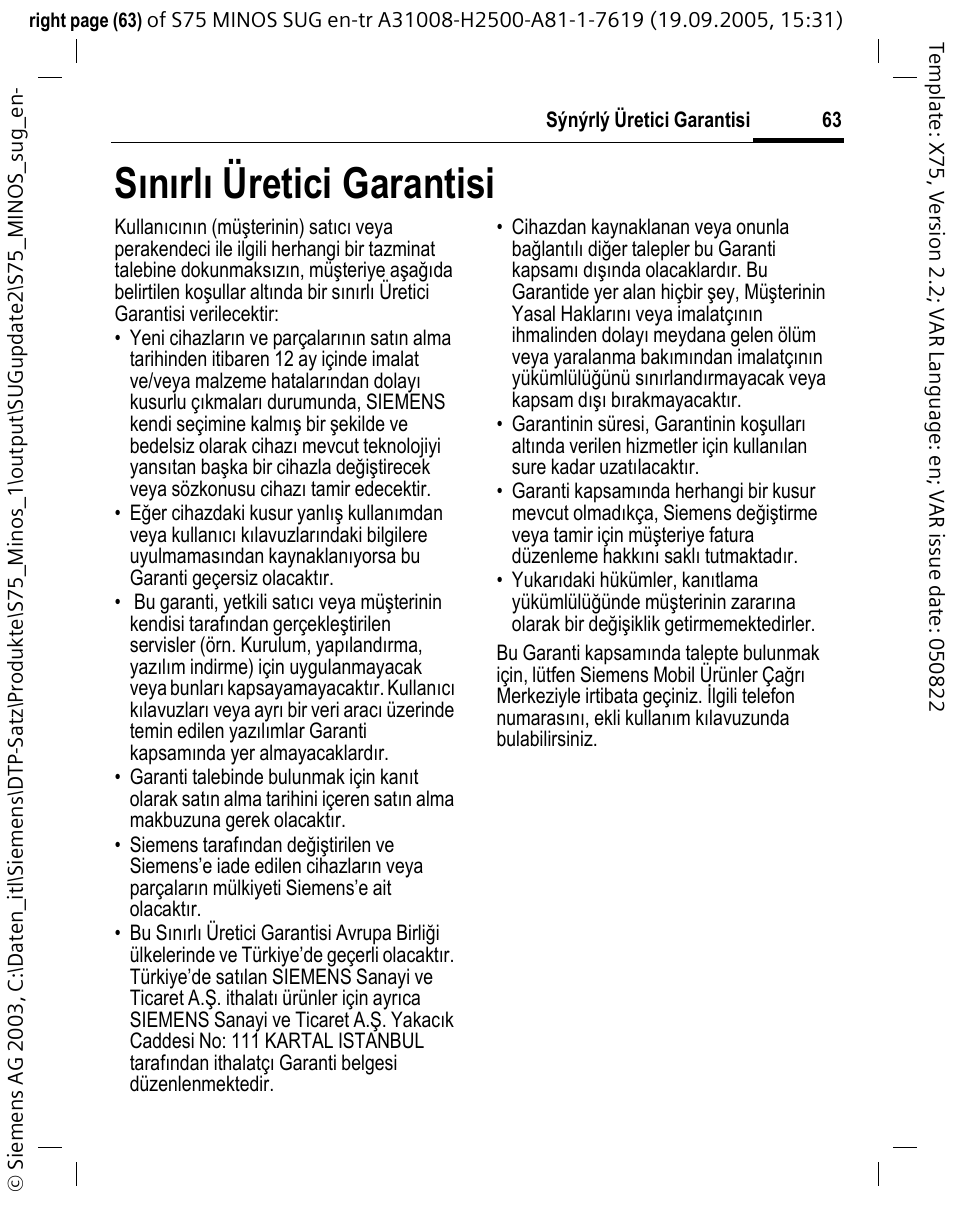 Sænærlæ üretici garantisi, Sınırlı üretici garantisi | Siemens S75 User Manual | Page 64 / 72