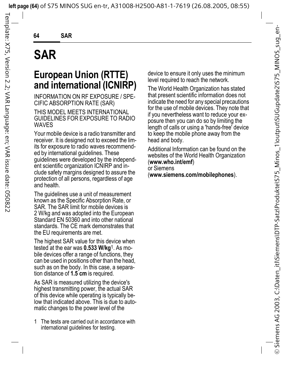 European union (rtte) and international (icnirp) | Siemens S75 User Manual | Page 65 / 72