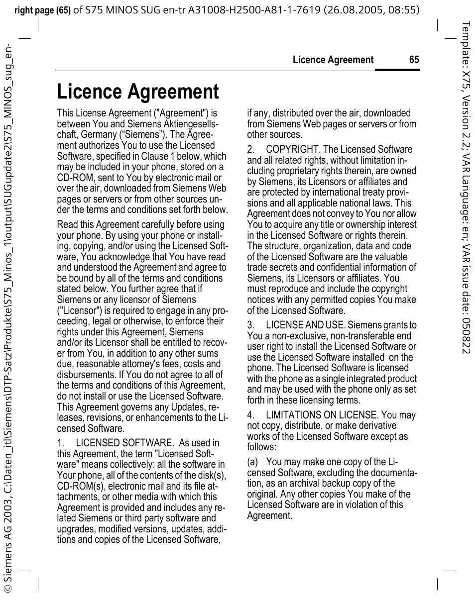 Licence agreement | Siemens S75 User Manual | Page 66 / 72