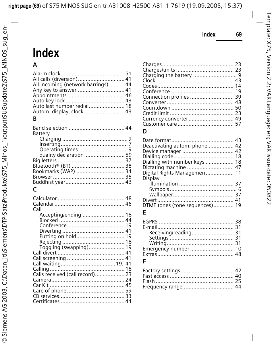 Index | Siemens S75 User Manual | Page 70 / 72