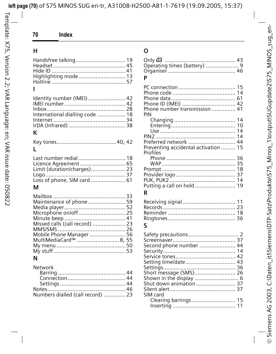 Siemens S75 User Manual | Page 71 / 72