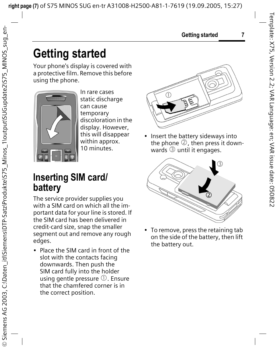 Getting started, Inserting sim card/ battery | Siemens S75 User Manual | Page 8 / 72