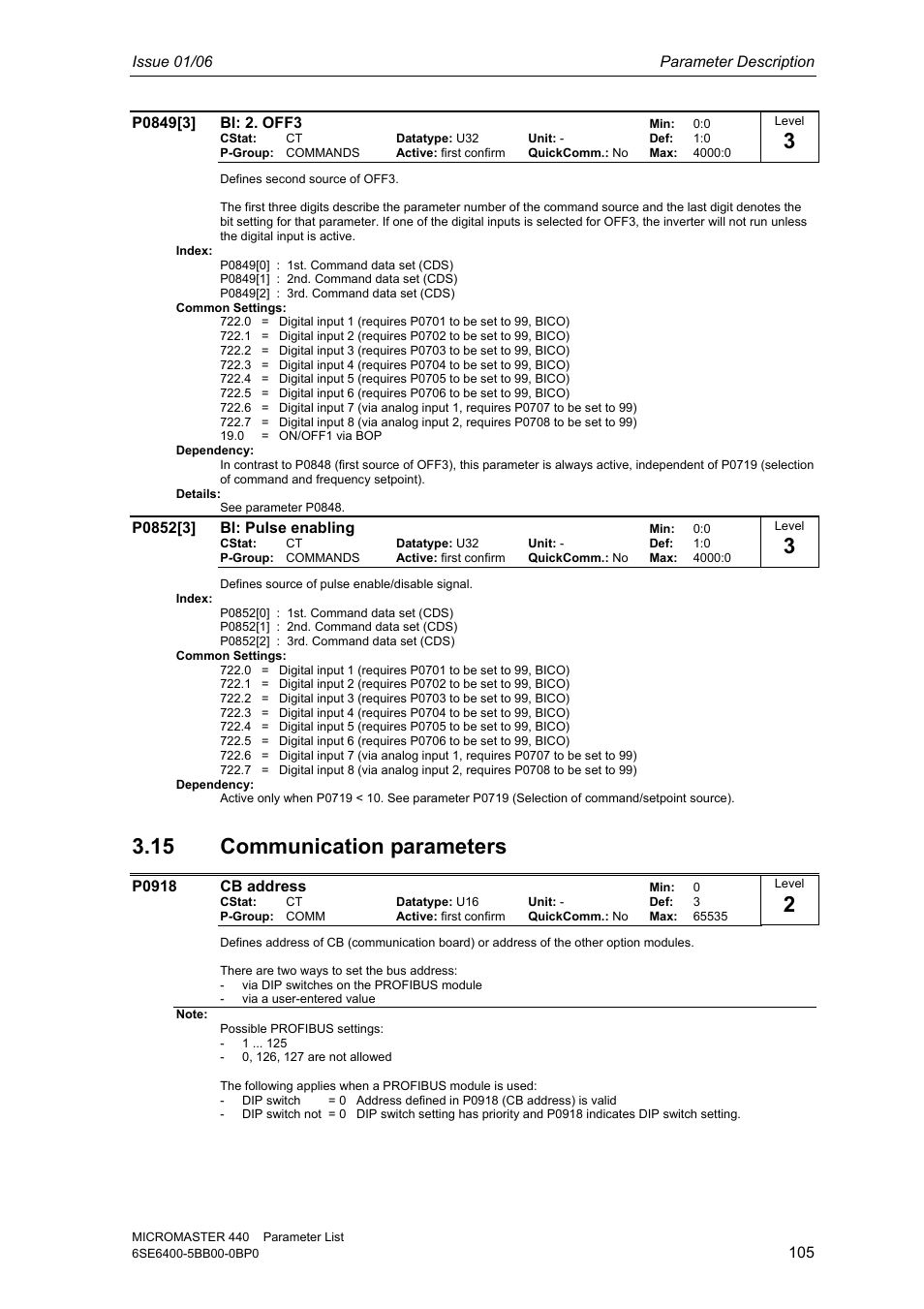 15 communication parameters | Siemens 440 User Manual | Page 105 / 328