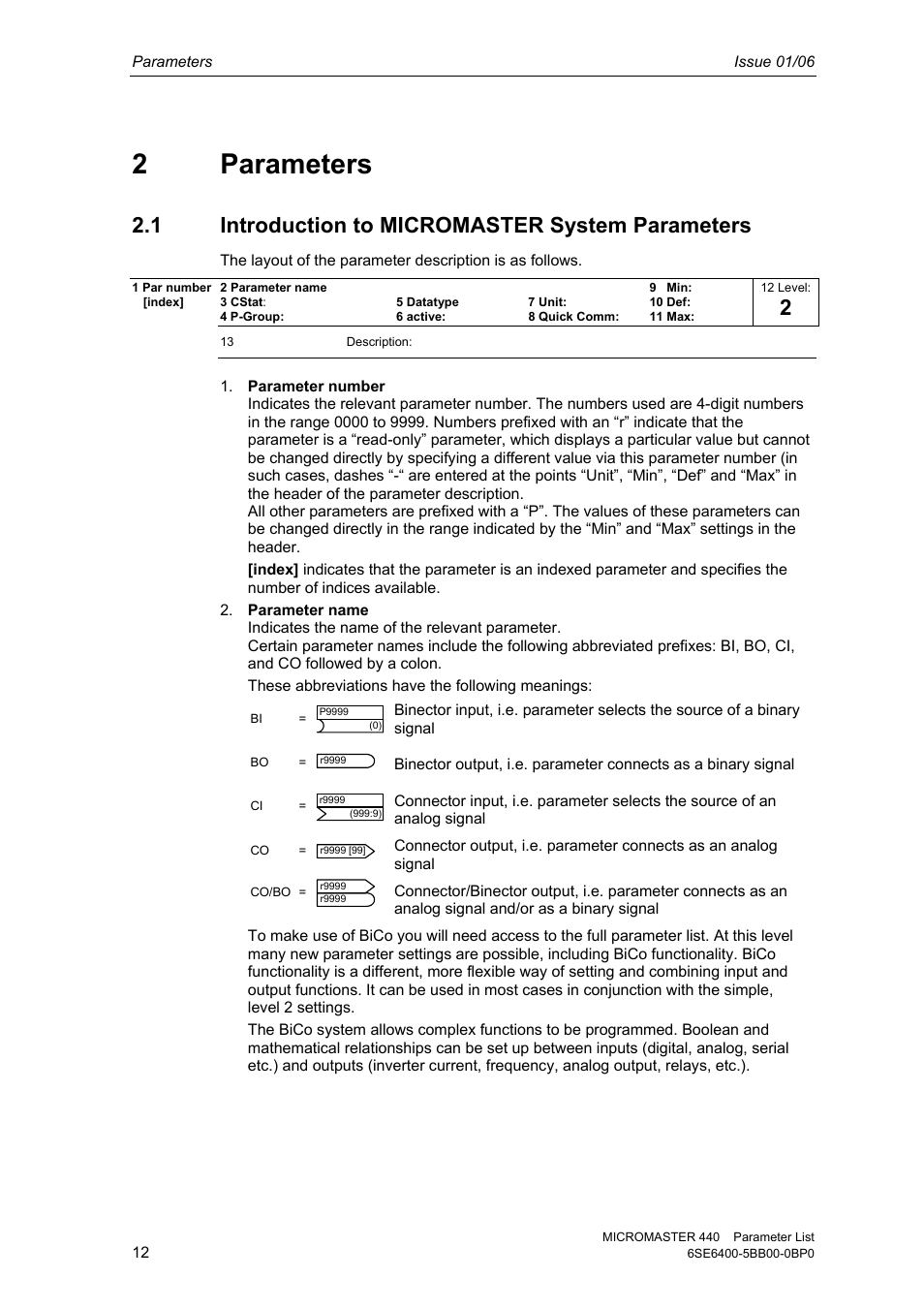 2 parameters, 1 introduction to micromaster system parameters | Siemens 440 User Manual | Page 12 / 328