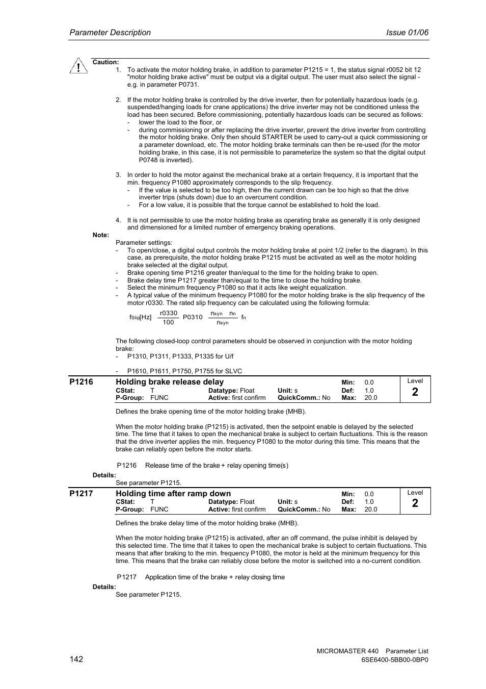 Parameter description issue 01/06, P1216 holding brake release delay, P1217 holding time after ramp down | Siemens 440 User Manual | Page 142 / 328