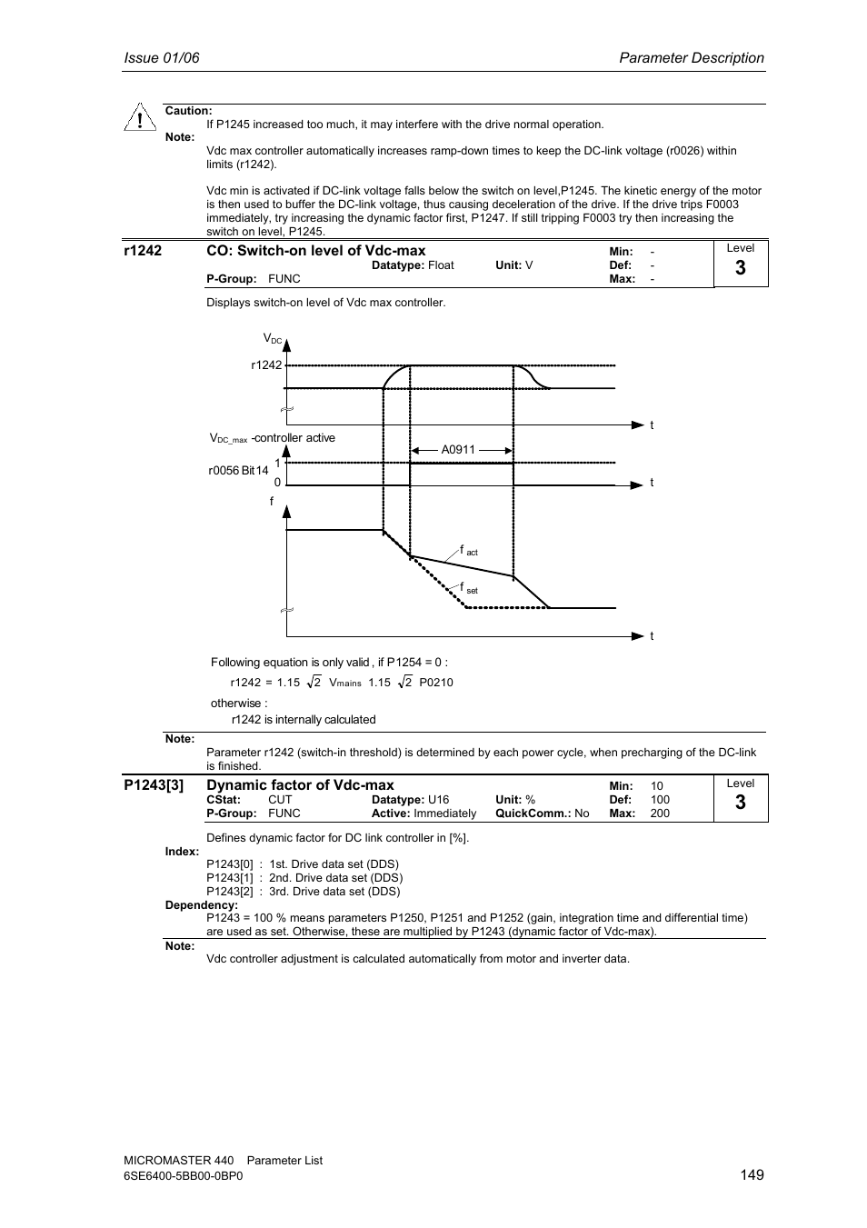 Issue 01/06 parameter description, R1242 co: switch-on level of vdc-max | Siemens 440 User Manual | Page 149 / 328