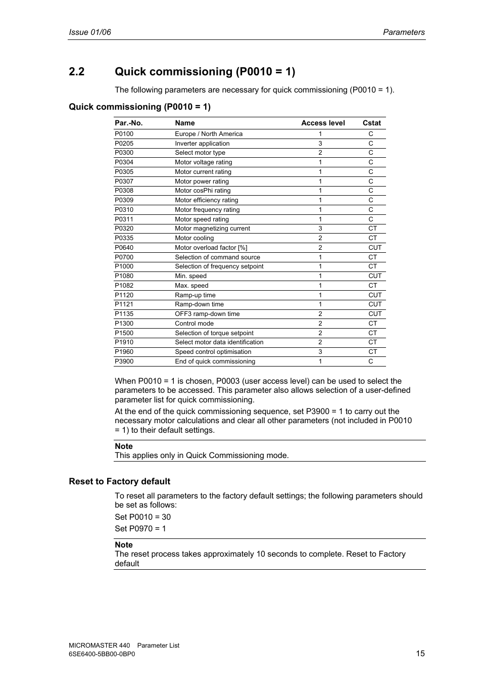 2 quick commissioning (p0010 = 1), Reset to factory default | Siemens 440 User Manual | Page 15 / 328