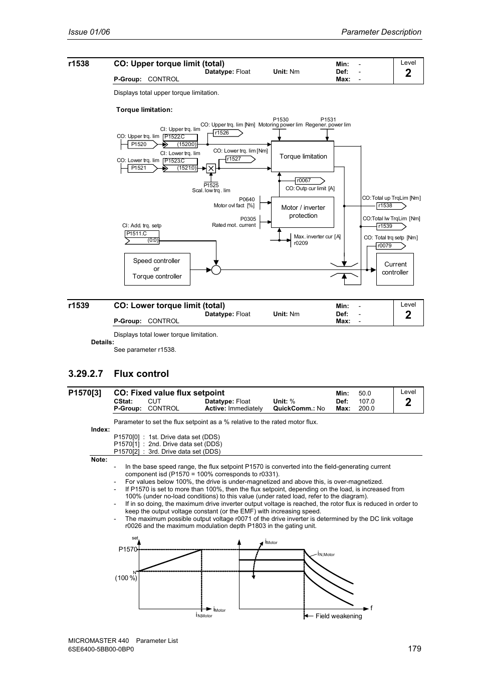 7 flux control, Issue 01/06 parameter description, R1538 co: upper torque limit (total) | R1539 co: lower torque limit (total) | Siemens 440 User Manual | Page 179 / 328