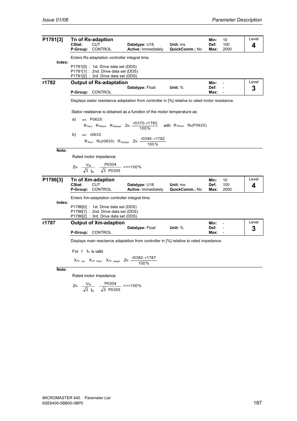 Issue 01/06 parameter description, R1782 output of rs-adaptation, R1787 output of xm-adaption | Siemens 440 User Manual | Page 187 / 328