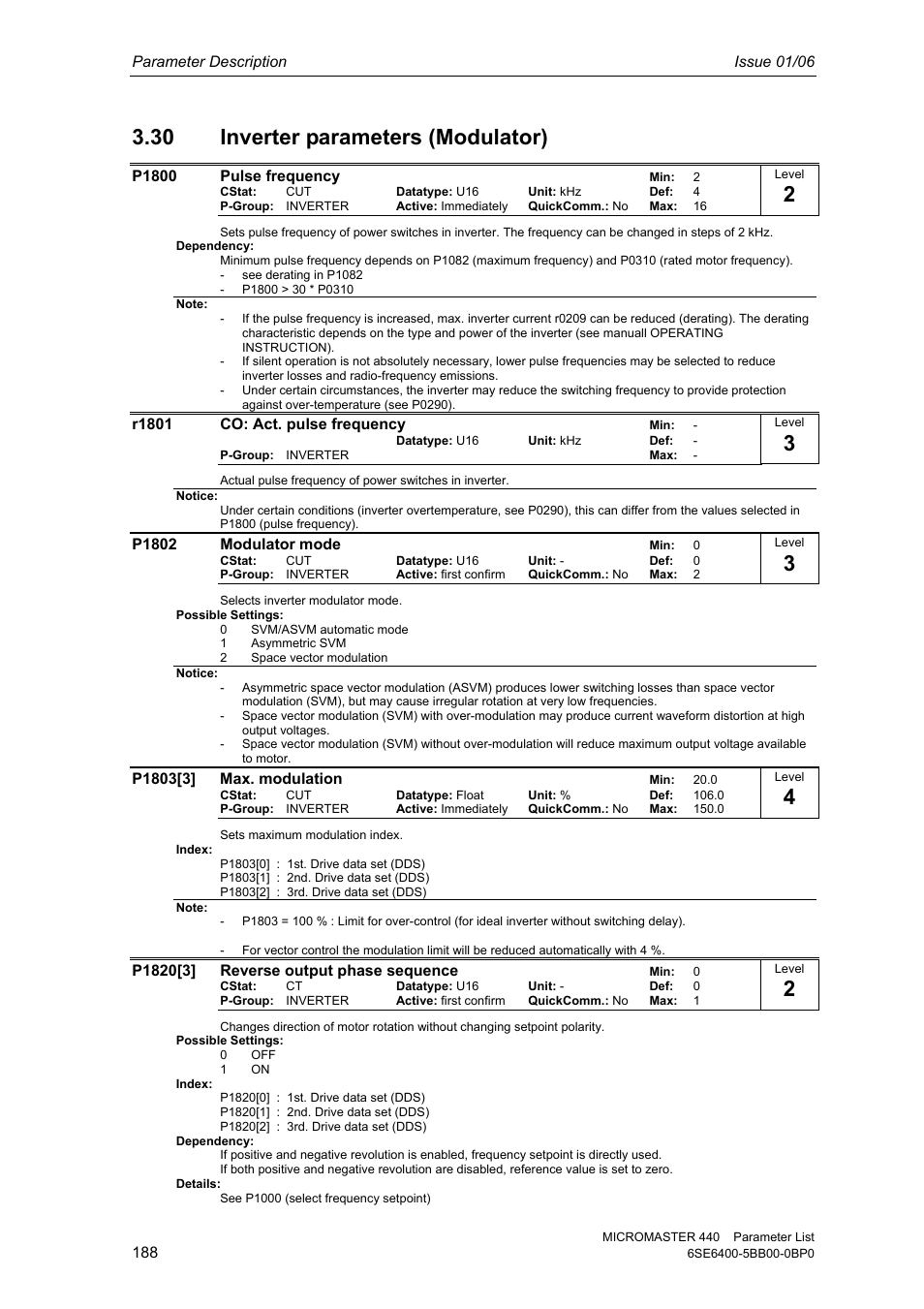 30 inverter parameters (modulator) | Siemens 440 User Manual | Page 188 / 328