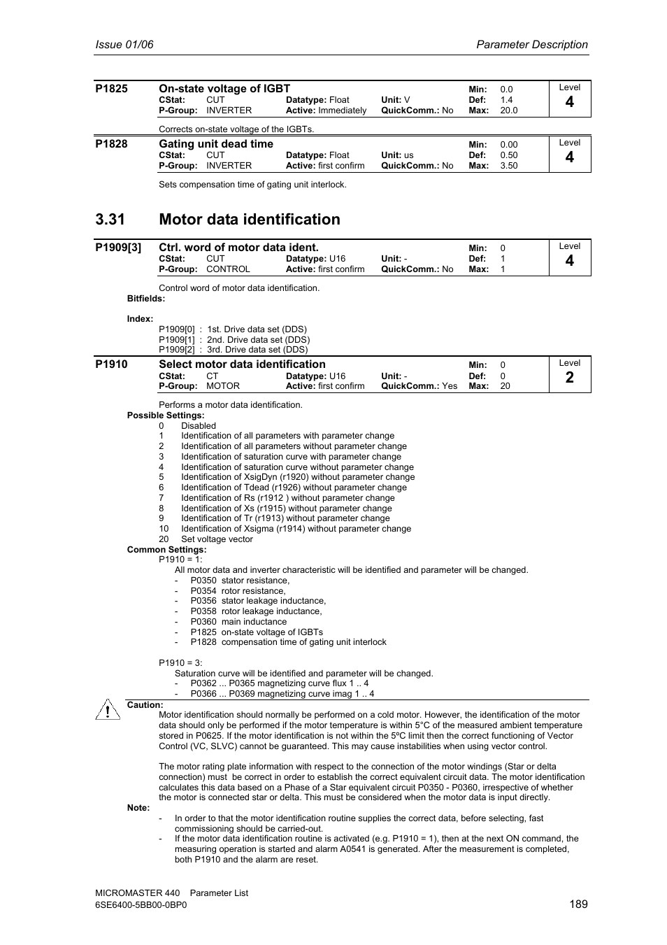 31 motor data identification | Siemens 440 User Manual | Page 189 / 328