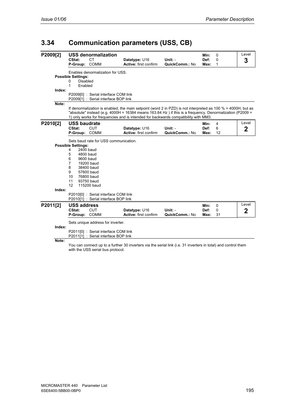 34 communication parameters (uss, cb) | Siemens 440 User Manual | Page 195 / 328