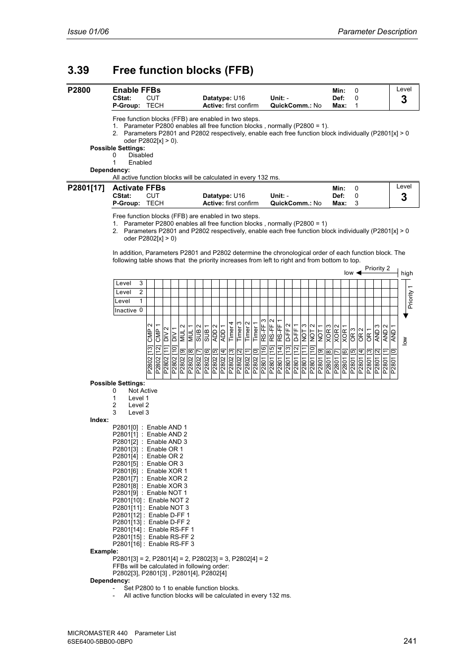 39 free function blocks (ffb), Issue 01/06 parameter description, P2800 enable ffbs | Siemens 440 User Manual | Page 241 / 328