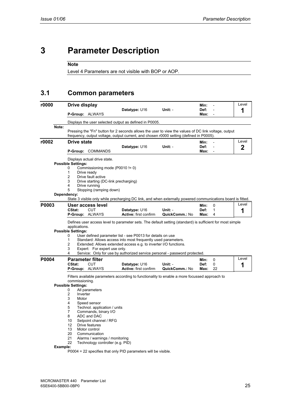 3 parameter description, 1 common parameters | Siemens 440 User Manual | Page 25 / 328