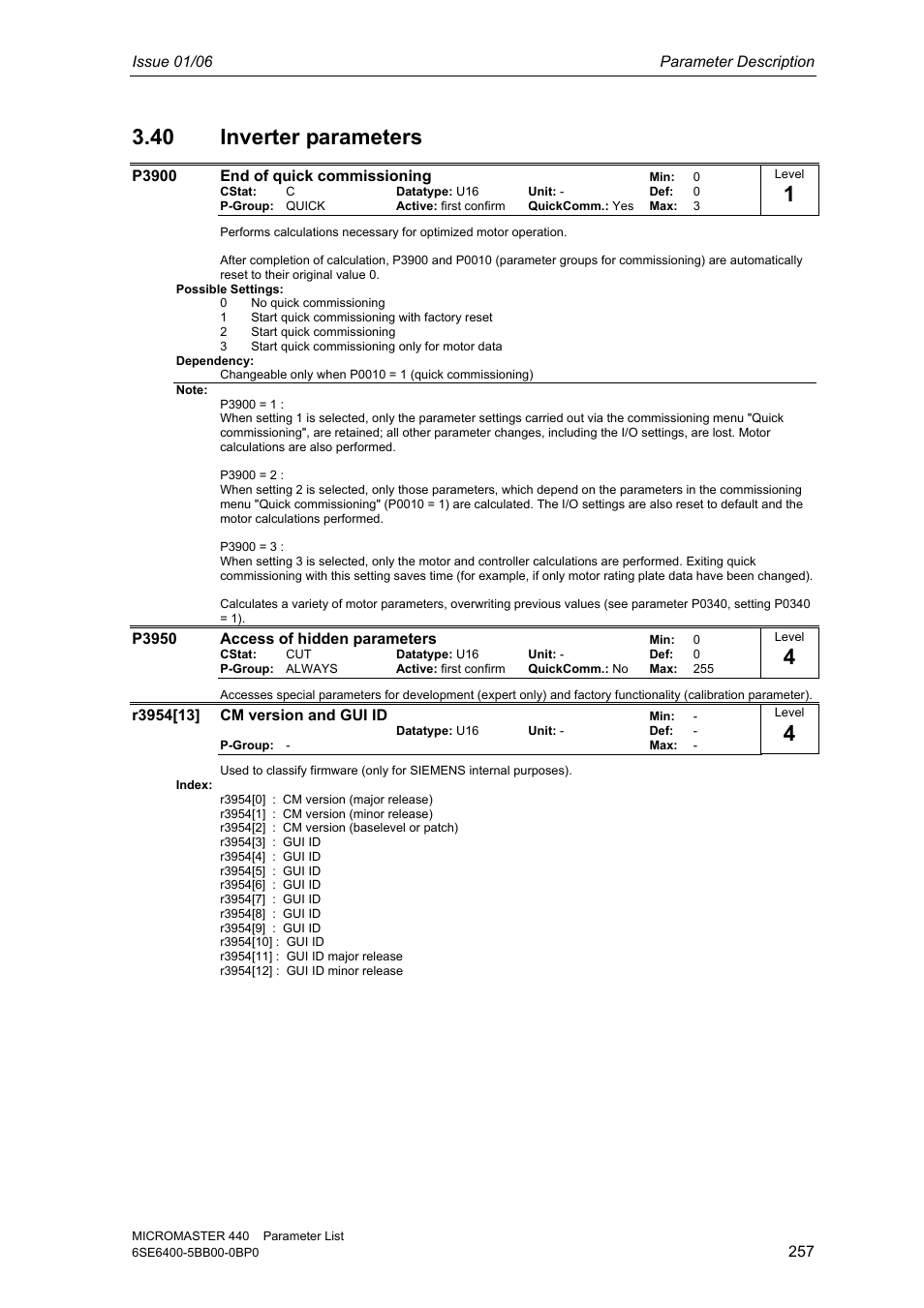 40 inverter parameters | Siemens 440 User Manual | Page 257 / 328