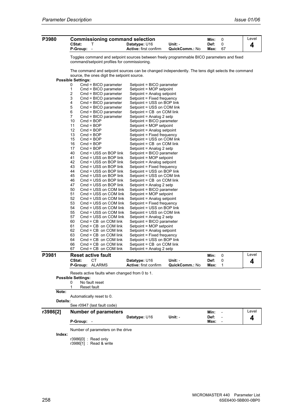 Parameter description issue 01/06, P3980 commissioning command selection, P3981 reset active fault | Siemens 440 User Manual | Page 258 / 328