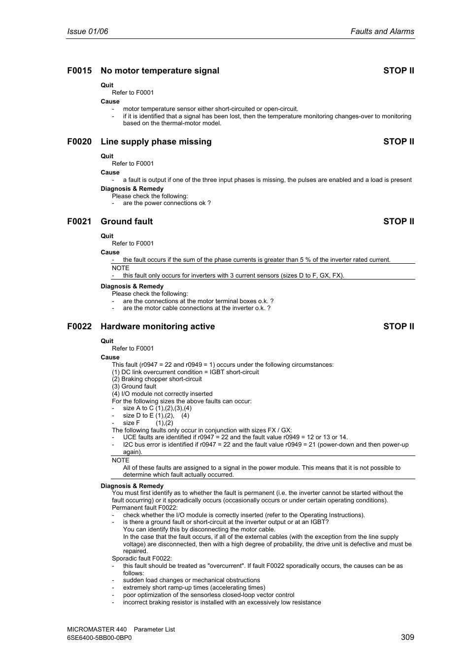 F0015 no motor temperature signal stop ii, F0020 line supply phase missing stop ii, F0021 ground fault stop ii | F0022 hardware monitoring active stop ii | Siemens 440 User Manual | Page 309 / 328