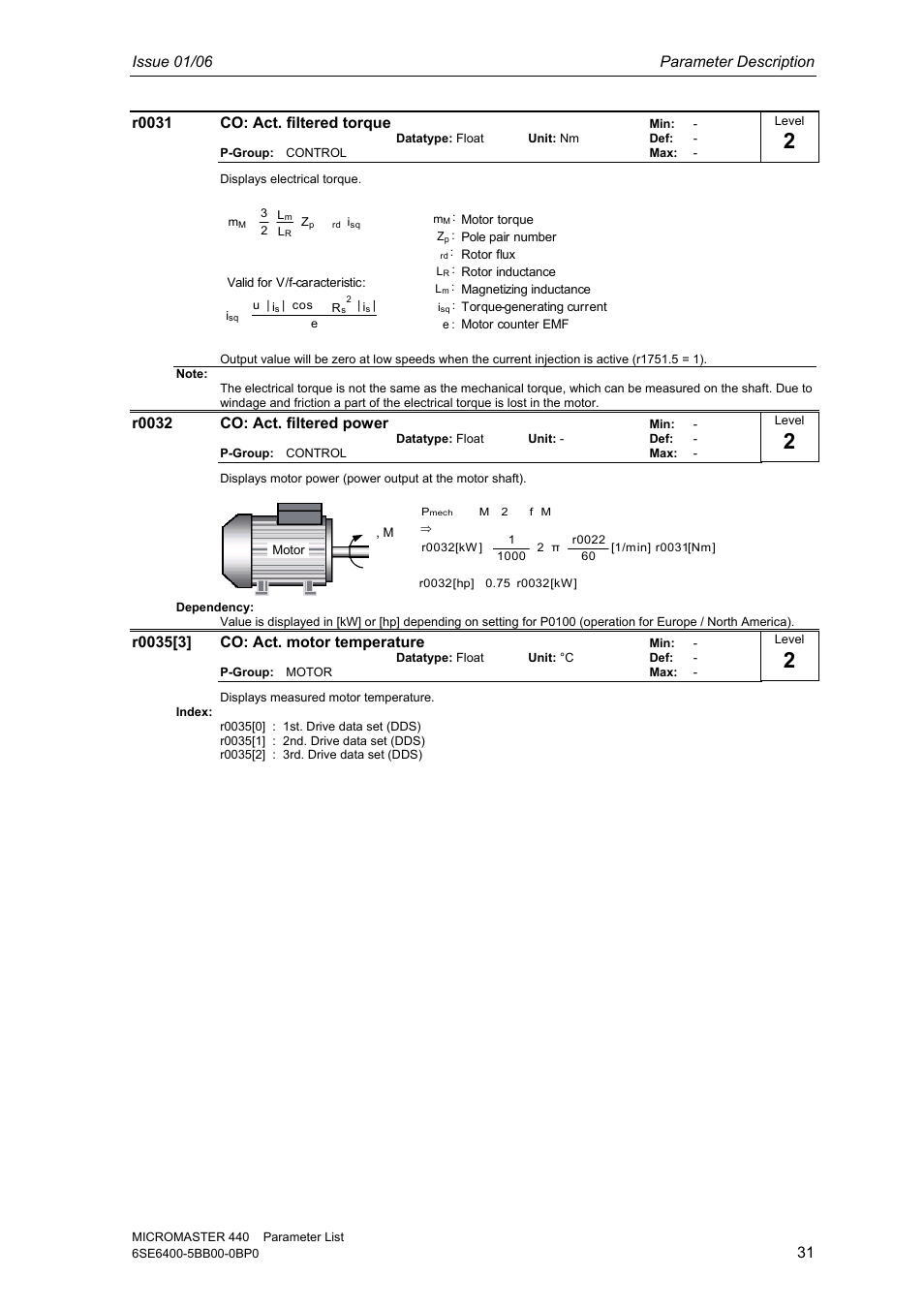 Issue 01/06 parameter description, R0031 co: act. filtered torque, R0032 co: act. filtered power | Siemens 440 User Manual | Page 31 / 328