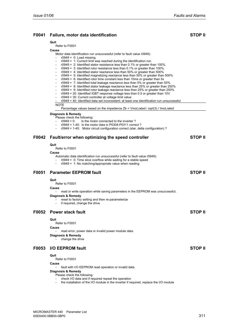 F0041 failure, motor data identification stop ii, F0051 parameter eeprom fault stop ii, F0052 power stack fault stop ii | F0053 i/o eeprom fault stop ii | Siemens 440 User Manual | Page 311 / 328