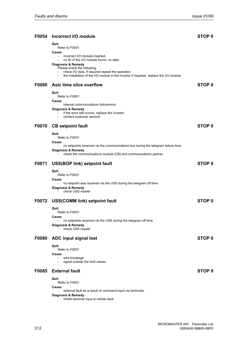 F0054 incorrect i/o module stop ii, F0060 asic time slice overflow stop ii, F0070 cb setpoint fault stop ii | F0071 uss(bop link) setpoint fault stop ii, F0072 uss(comm link) setpoint fault stop ii, F0080 adc input signal lost stop ii, F0085 external fault stop ii | Siemens 440 User Manual | Page 312 / 328