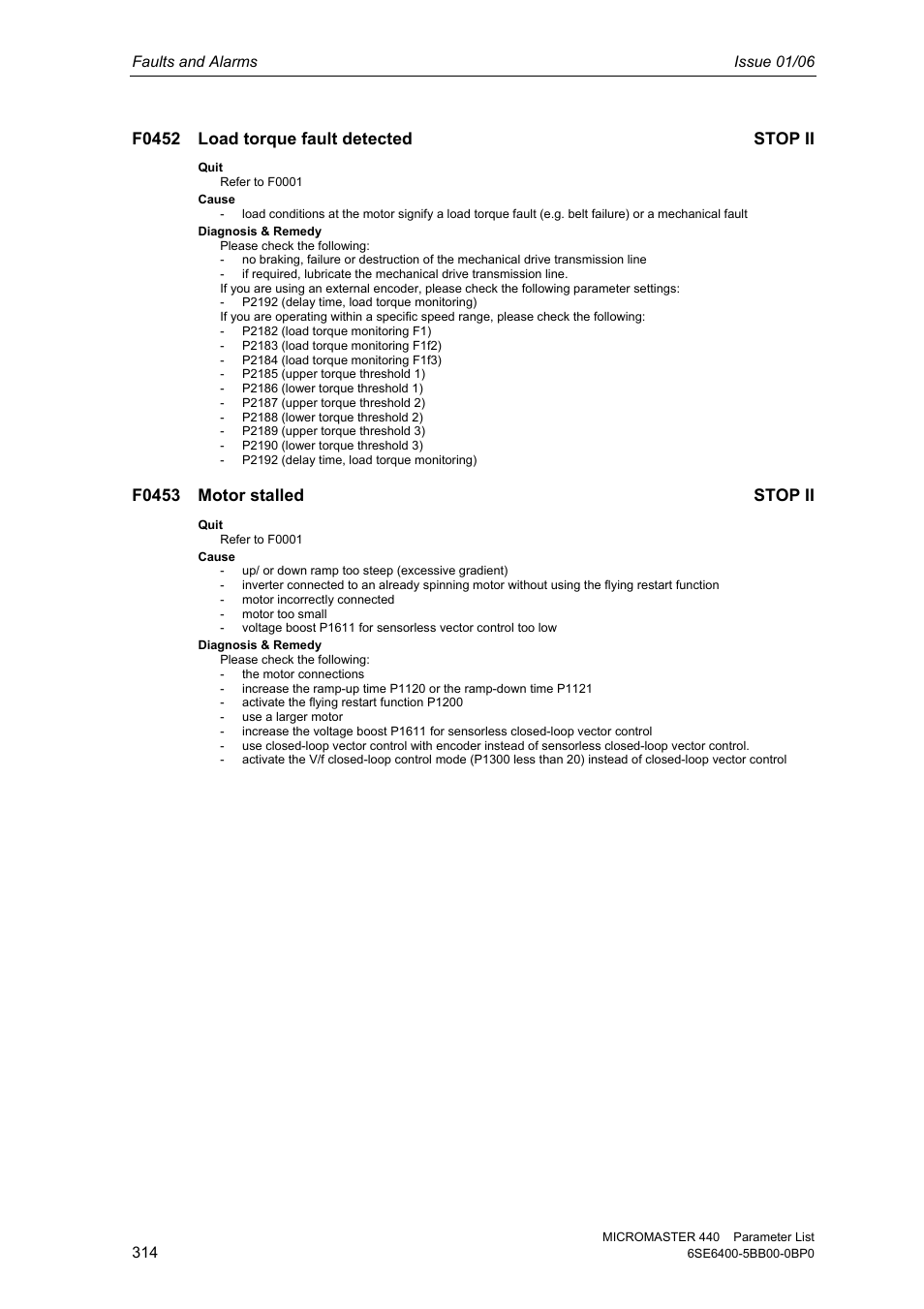 F0452 load torque fault detected stop ii, F0453 motor stalled stop ii, Faults and alarms issue 01/06 | Siemens 440 User Manual | Page 314 / 328