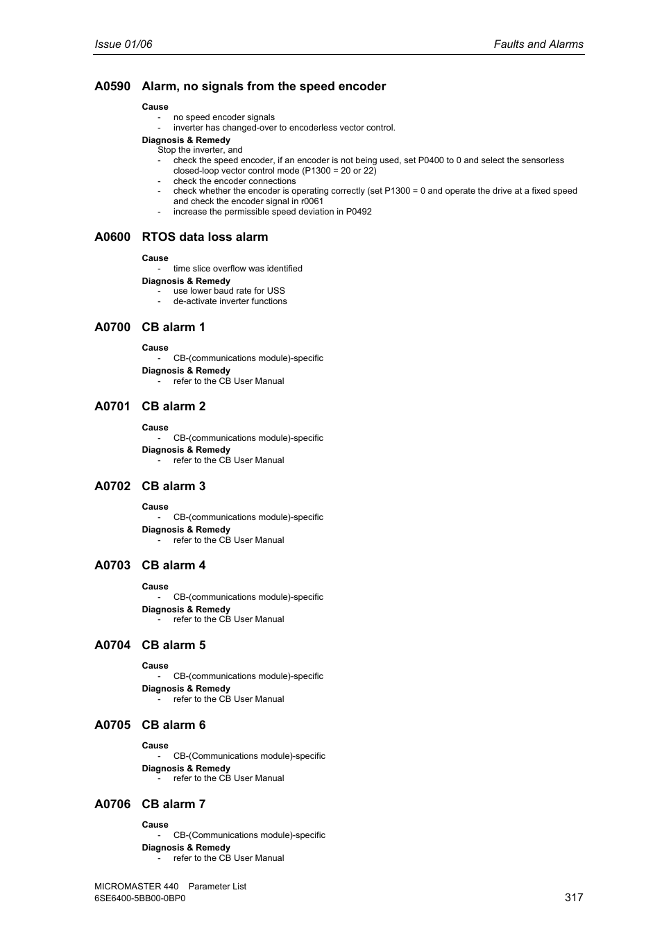 A0590 alarm, no signals from the speed encoder, A0600 rtos data loss alarm | Siemens 440 User Manual | Page 317 / 328