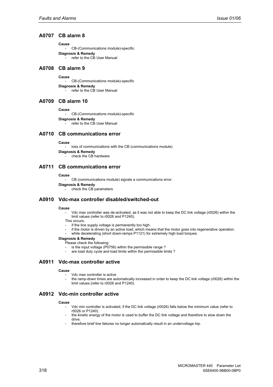 A0710 cb communications error, A0711 cb communications error, A0910 vdc-max controller disabled/switched-out | A0911 vdc-max controller active, A0912 vdc-min controller active | Siemens 440 User Manual | Page 318 / 328