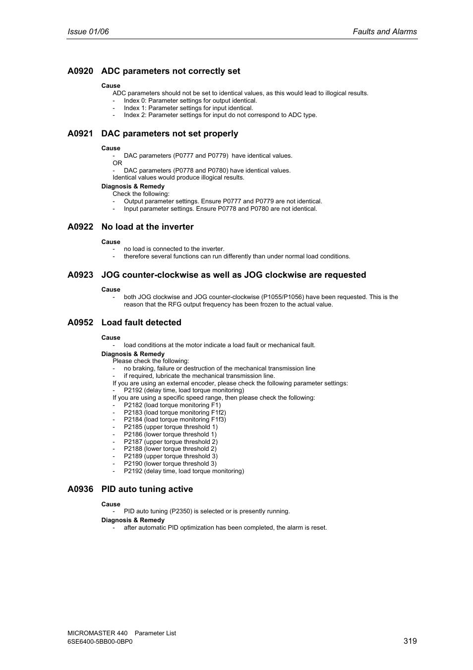 A0920 adc parameters not correctly set, A0921 dac parameters not set properly, A0922 no load at the inverter | A0952 load fault detected, A0936 pid auto tuning active | Siemens 440 User Manual | Page 319 / 328