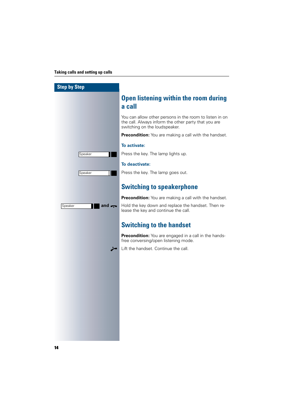 Open listening within the room during a call, To activate, To deactivate | Switching to speakerphone, Switching to the handset, Switching to speakerphone | Siemens 300 H User Manual | Page 14 / 101