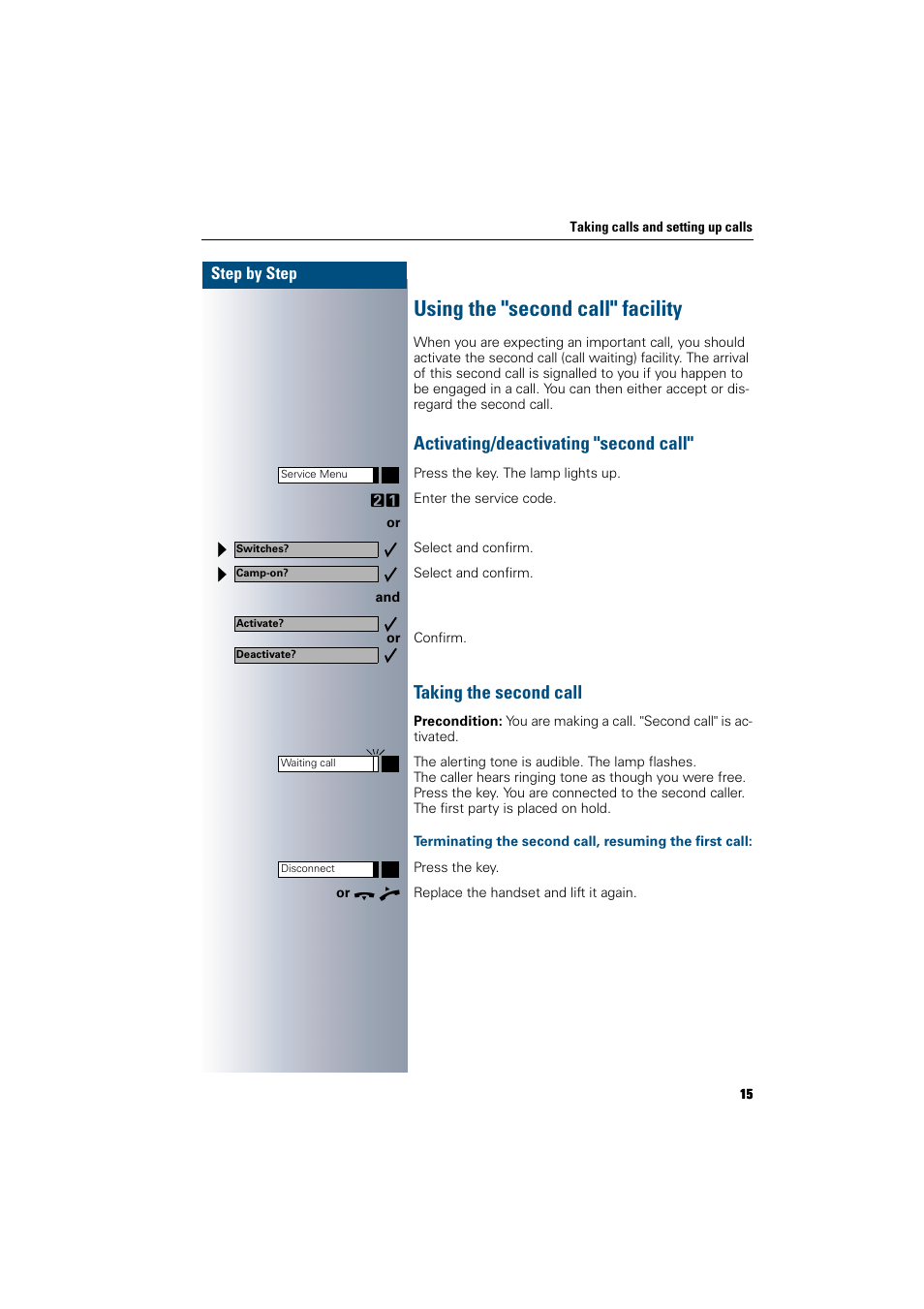 Using the "second call" facility, Activating/deactivating "second call, Taking the second call | Siemens 300 H User Manual | Page 15 / 101