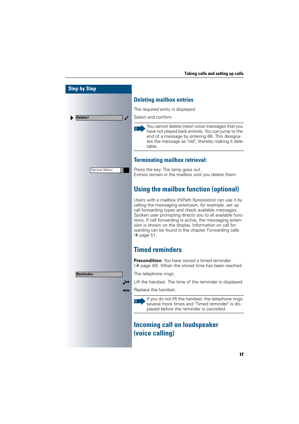 Deleting mailbox entries, Terminating mailbox retrieval, Using the mailbox function (optional) | Timed reminders, Incoming call on loudspeaker (voicecalling), Incoming call on loudspeaker (voice calling) | Siemens 300 H User Manual | Page 17 / 101