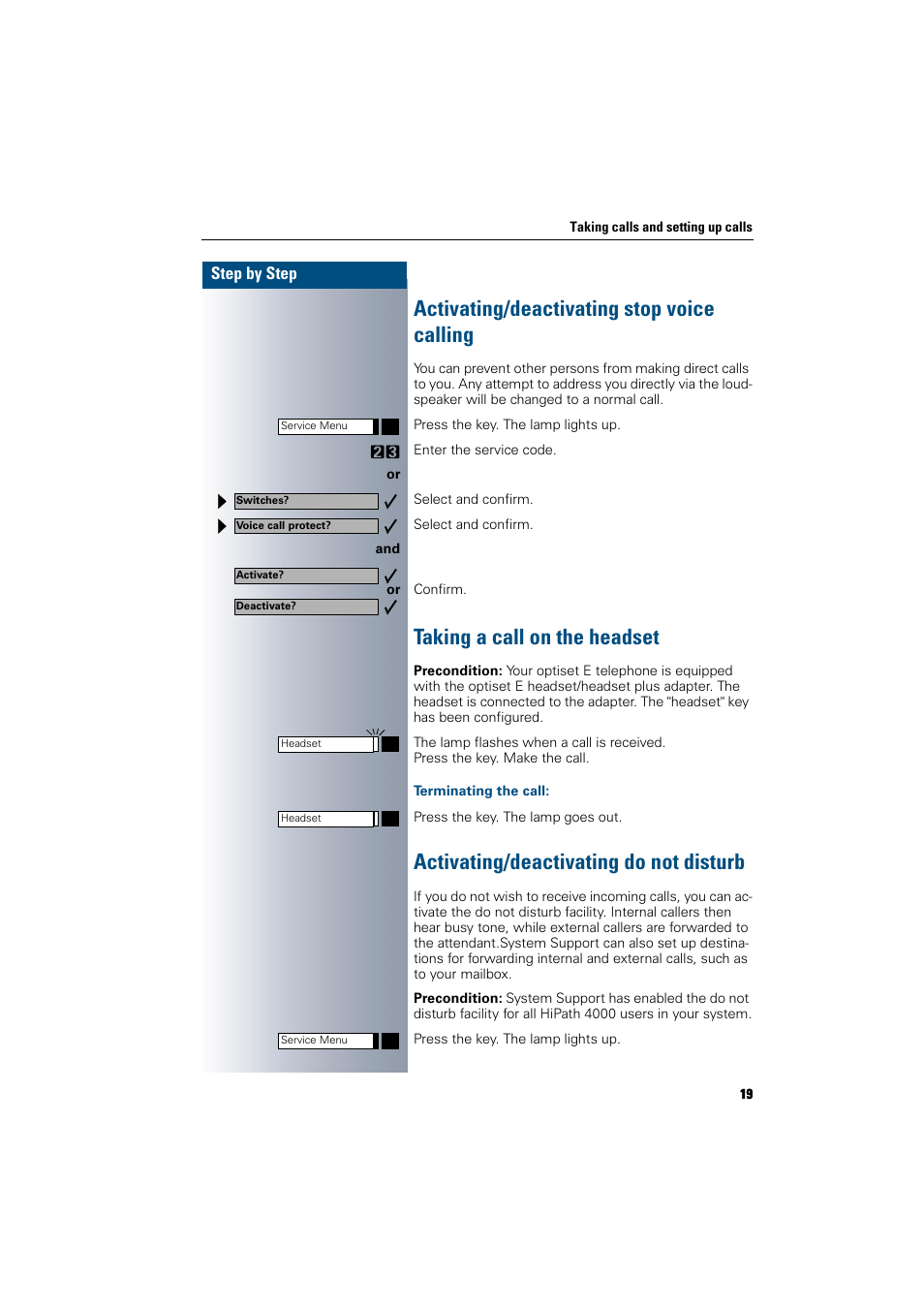 Activating/deactivating stop voice calling, Taking a call on the headset, Terminating the call | Activating/deactivating do not disturb | Siemens 300 H User Manual | Page 19 / 101