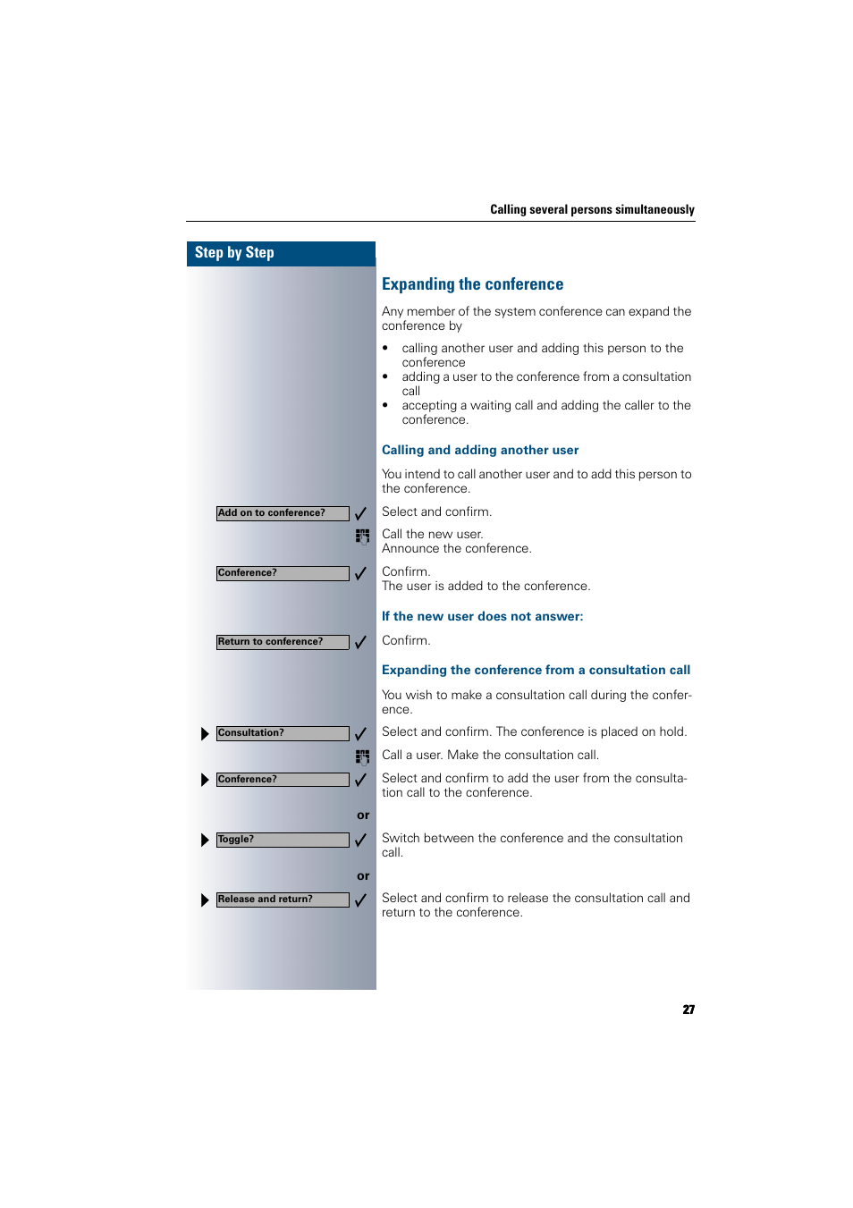 Expanding the conference, Calling and adding another user, If the new user does not answer | Expanding the conference from a consultation call | Siemens 300 H User Manual | Page 27 / 101