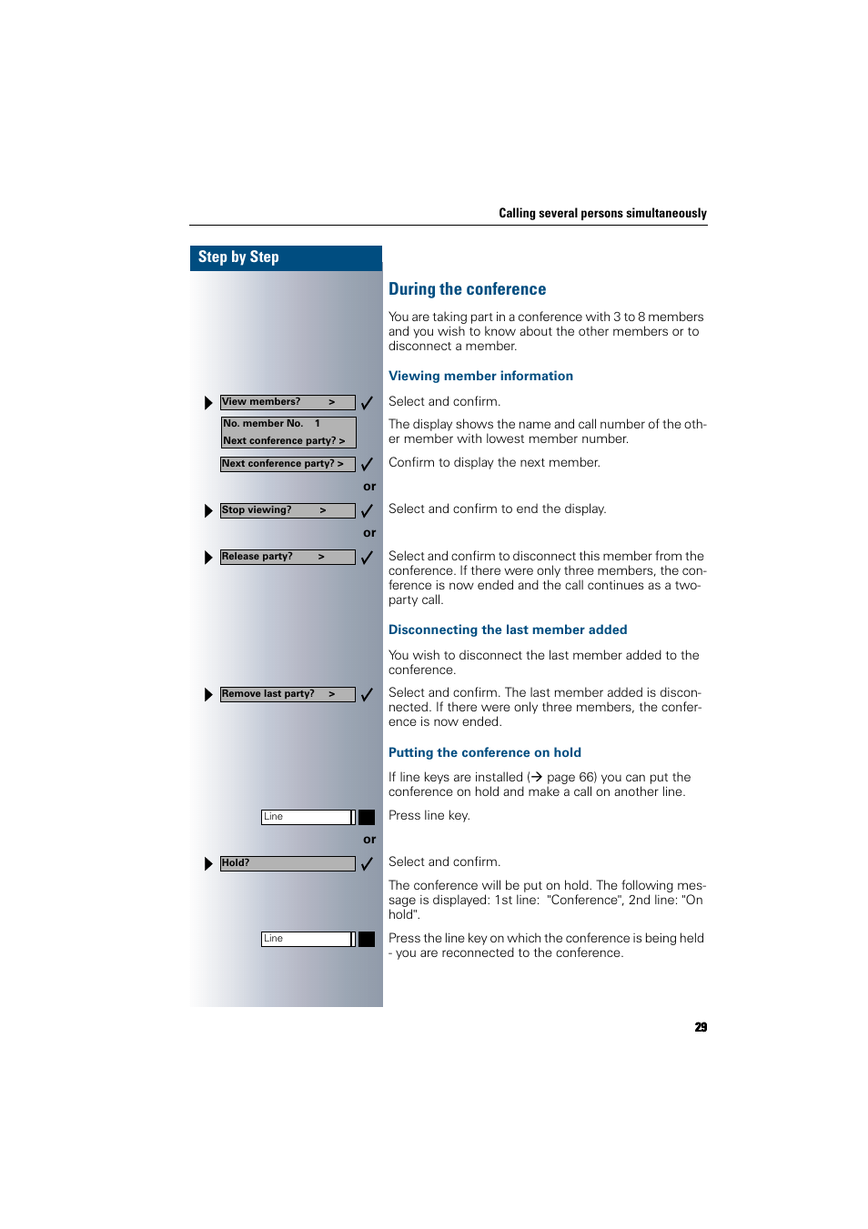 During the conference, Viewing member information, Disconnecting the last member added | Putting the conference on hold, Step by step | Siemens 300 H User Manual | Page 29 / 101