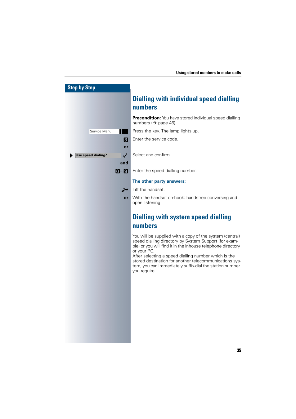 Dialling with individual speed dialling numbers, The other party answers, Dialling with system speed dialling numbers | Siemens 300 H User Manual | Page 35 / 101