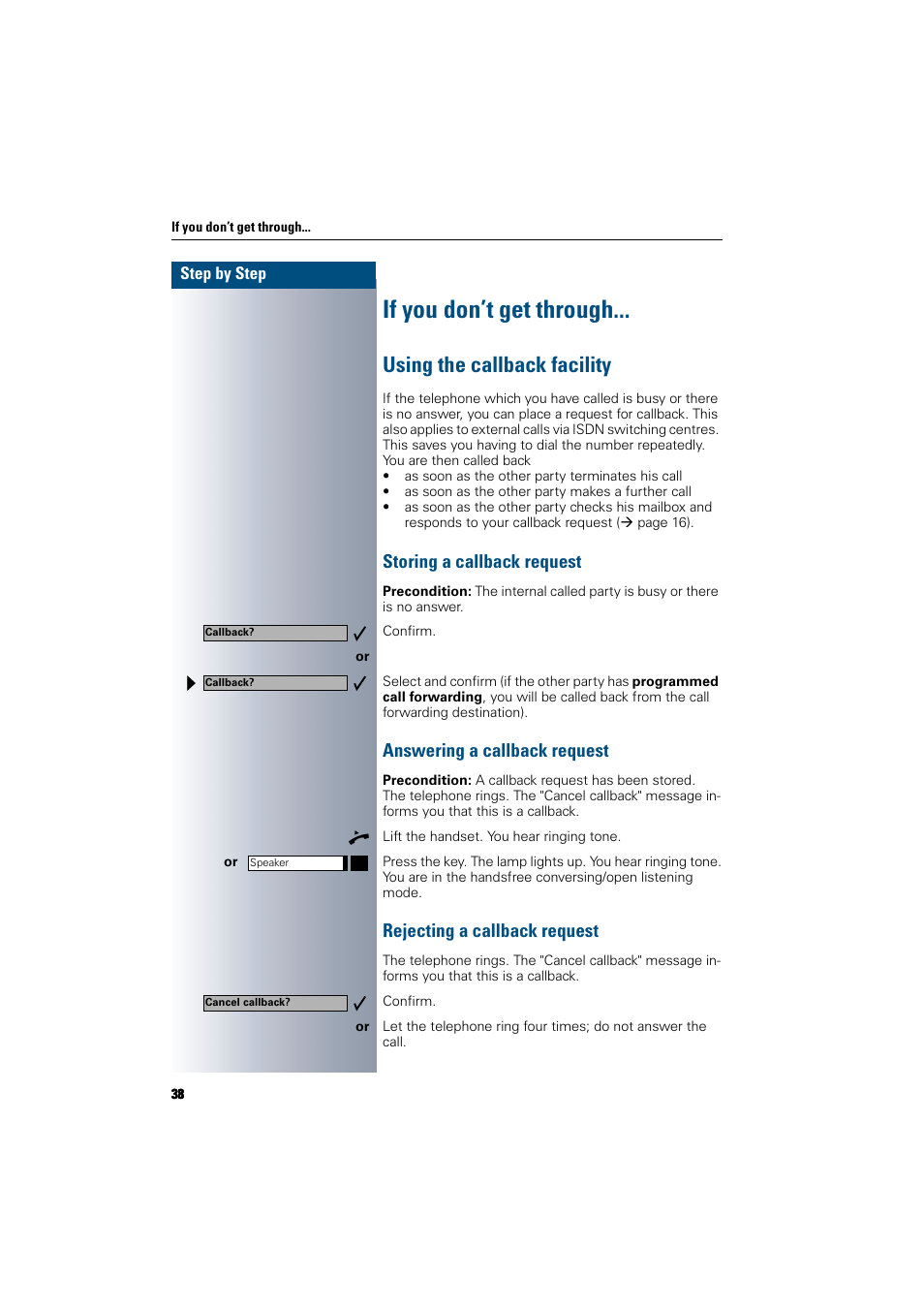 If you don’t get through, Using the callback facility, Storing a callback request | Answering a callback request, Rejecting a callback request | Siemens 300 H User Manual | Page 38 / 101