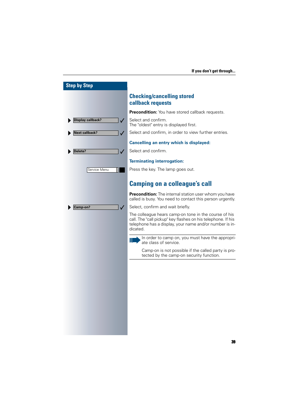 Checking/cancelling stored callbackrequests, Cancelling an entry which is displayed, Terminating interrogation | Camping on a colleague’s call, Checking/cancelling stored callback requests | Siemens 300 H User Manual | Page 39 / 101