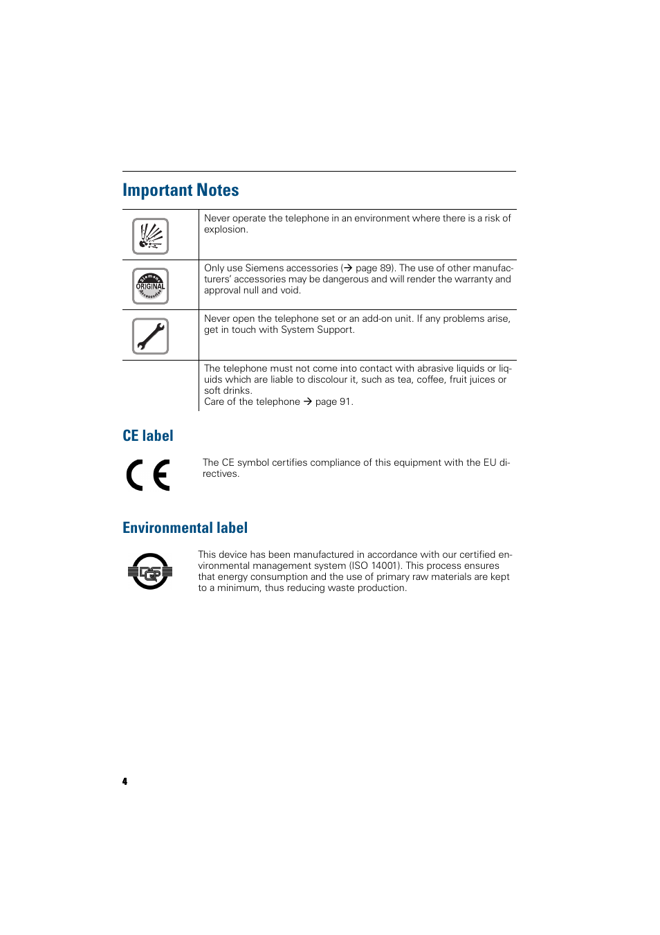 Important notes, Ce label, Environmental label | Ce label environmental label | Siemens 300 H User Manual | Page 4 / 101