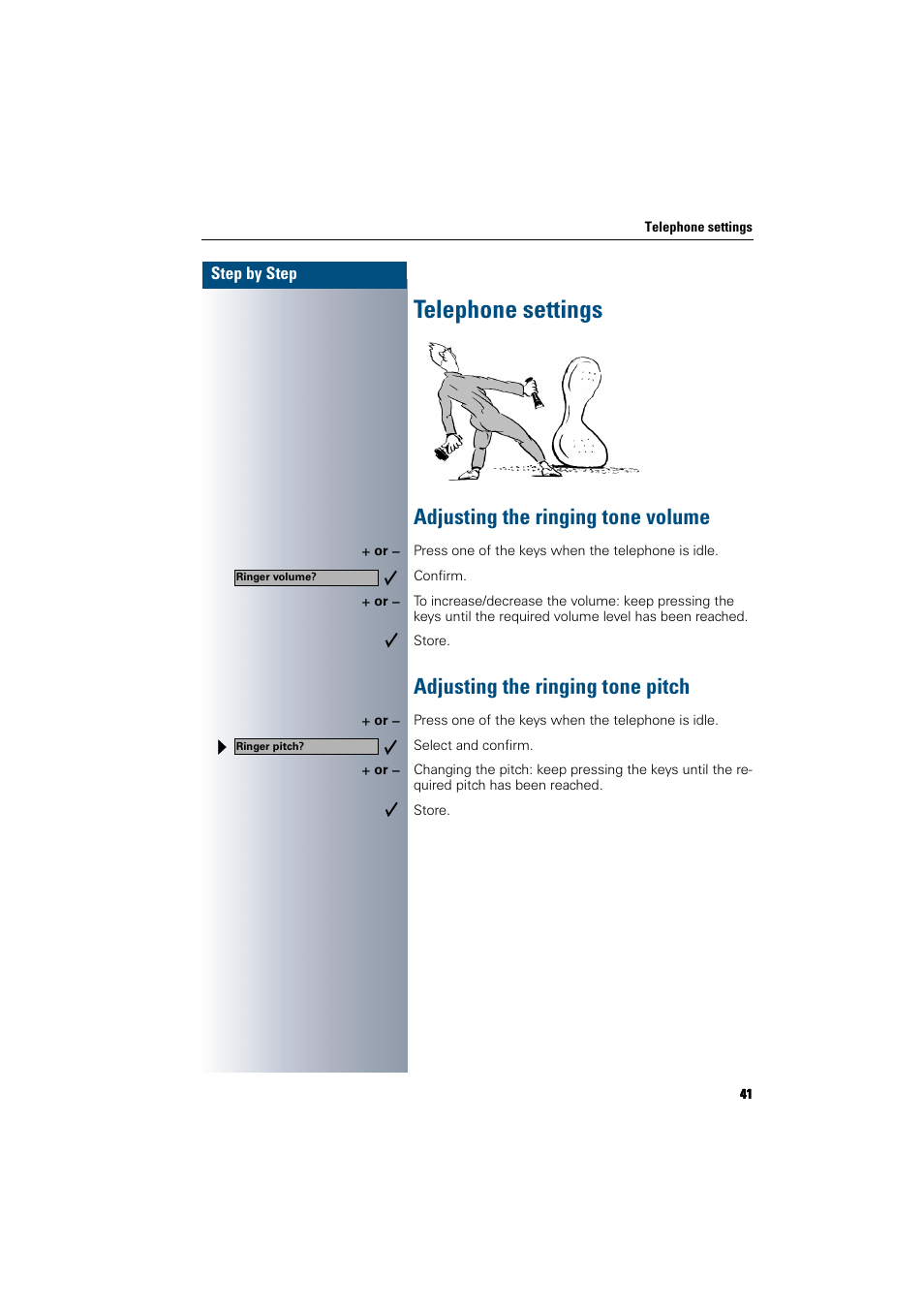 Telephone settings, Adjusting the ringing tone volume, Adjusting the ringing tone pitch | Siemens 300 H User Manual | Page 41 / 101