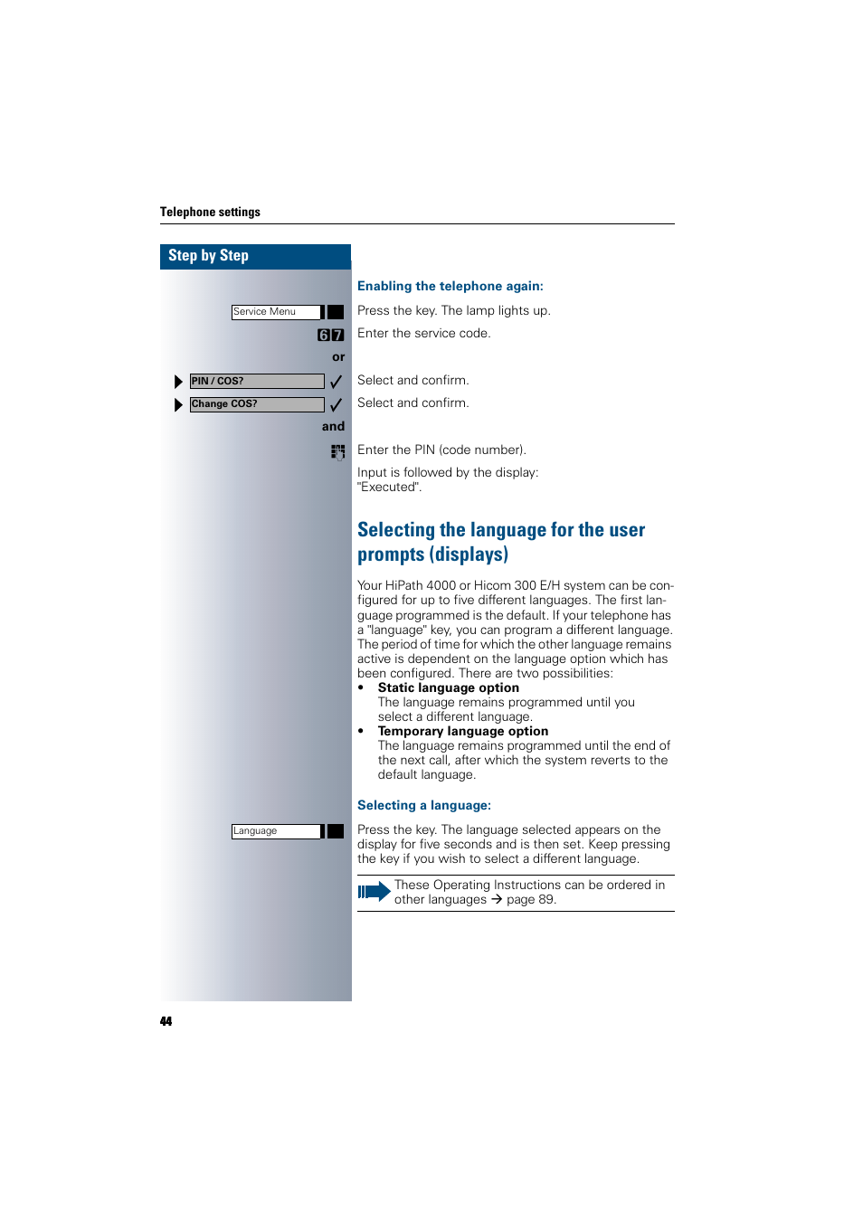 Enabling the telephone again, Selecting a language | Siemens 300 H User Manual | Page 44 / 101