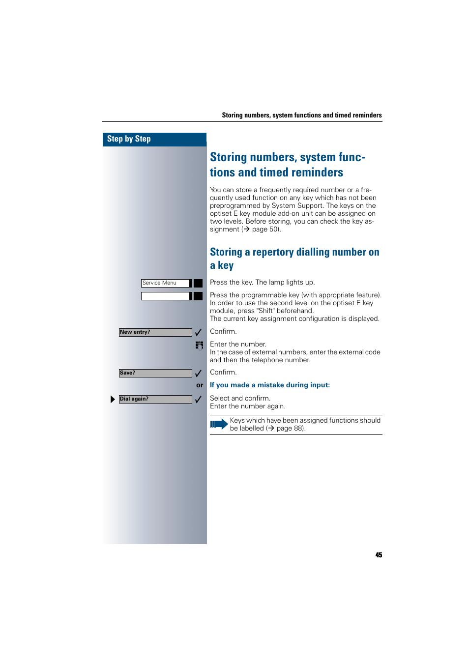 Storing a repertory dialling number on a key, If you made a mistake during input | Siemens 300 H User Manual | Page 45 / 101