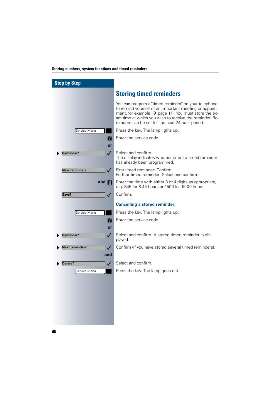 Storing timed reminders, Cancelling a stored reminder | Siemens 300 H User Manual | Page 48 / 101