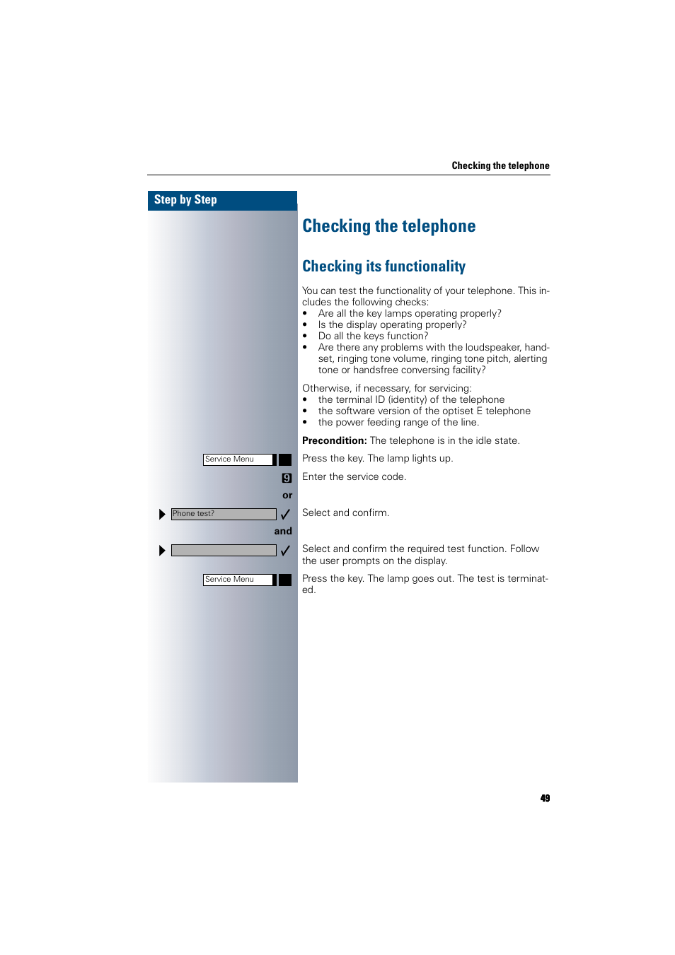 Checking the telephone, Checking its functionality | Siemens 300 H User Manual | Page 49 / 101