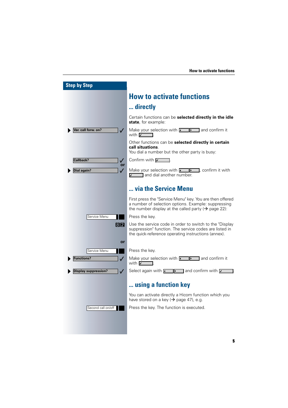 How to activate functions, Directly, Via the service menu | Using a function key | Siemens 300 H User Manual | Page 5 / 101