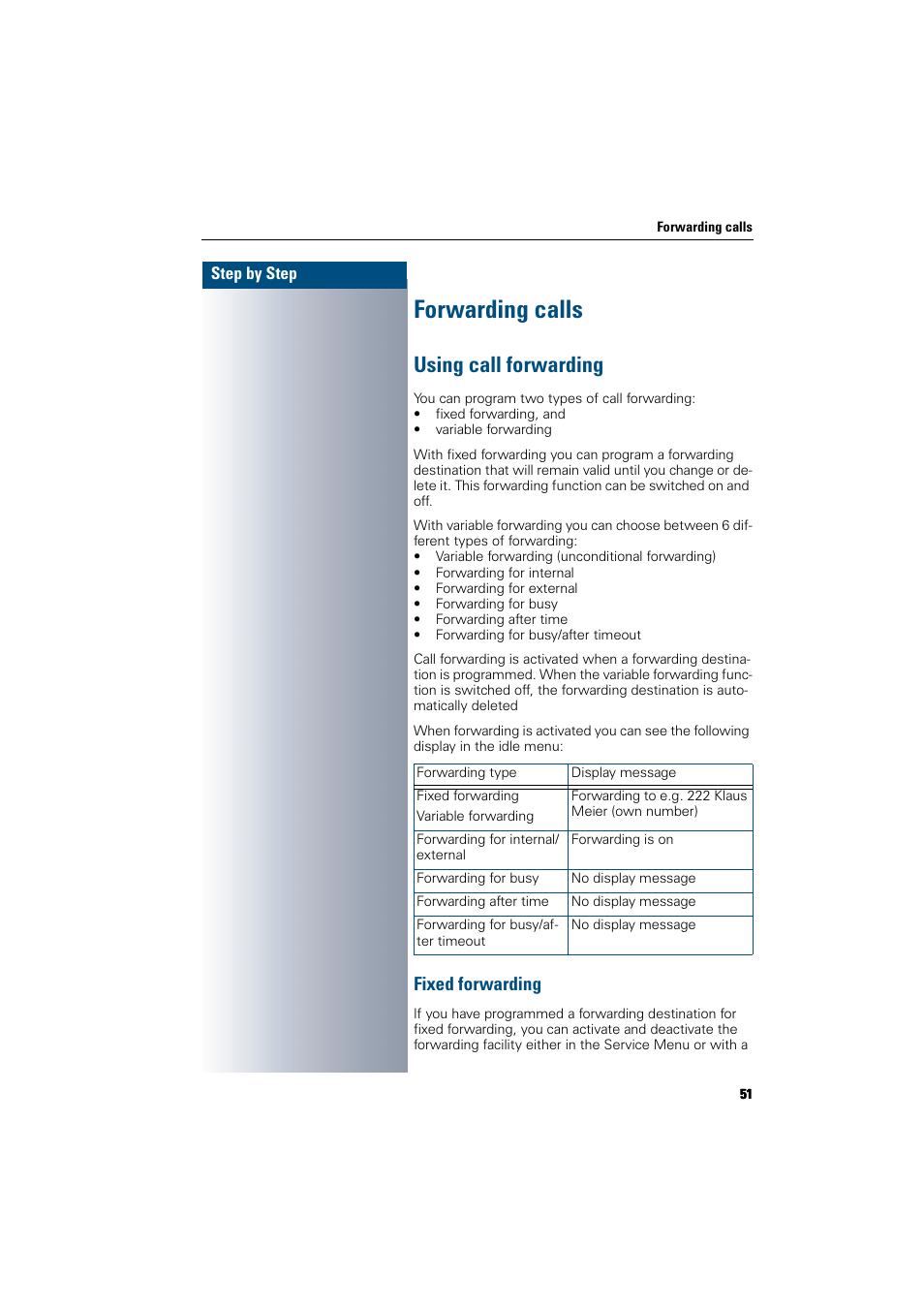 Forwarding calls, Using call forwarding, Fixed forwarding | Siemens 300 H User Manual | Page 51 / 101