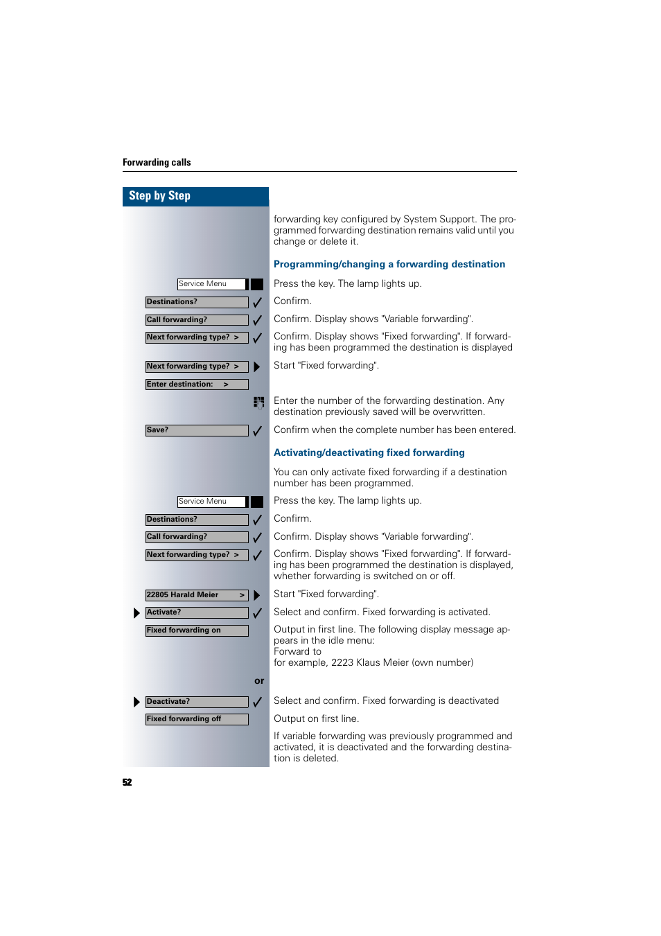 Programming/changing a forwarding destination, Activating/deactivating fixed forwarding, Step by step | Siemens 300 H User Manual | Page 52 / 101