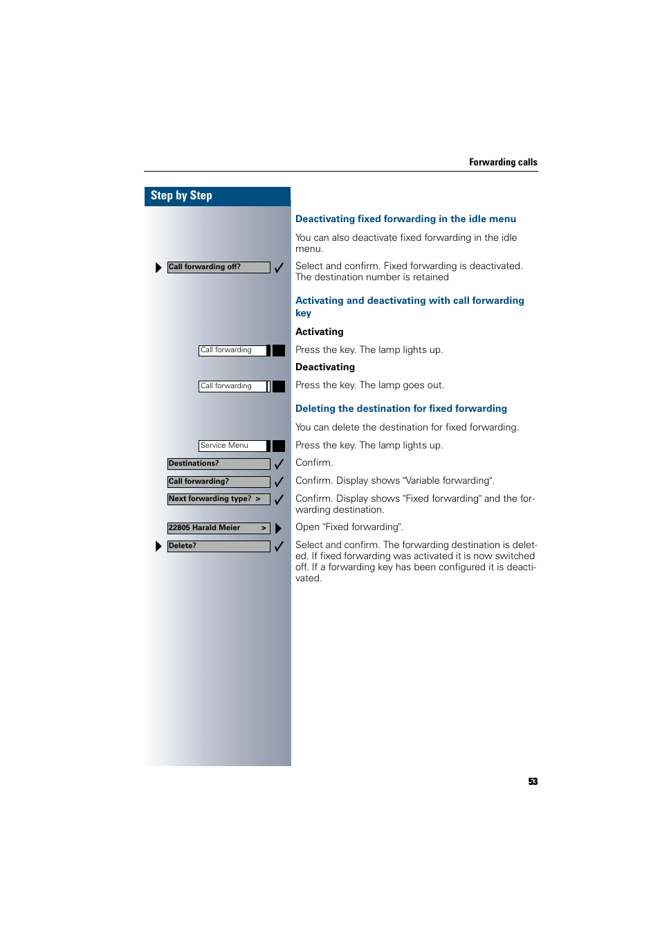 Deactivating fixed forwarding in the idle menu, Deleting the destination for fixed forwarding, Step by step | Siemens 300 H User Manual | Page 53 / 101