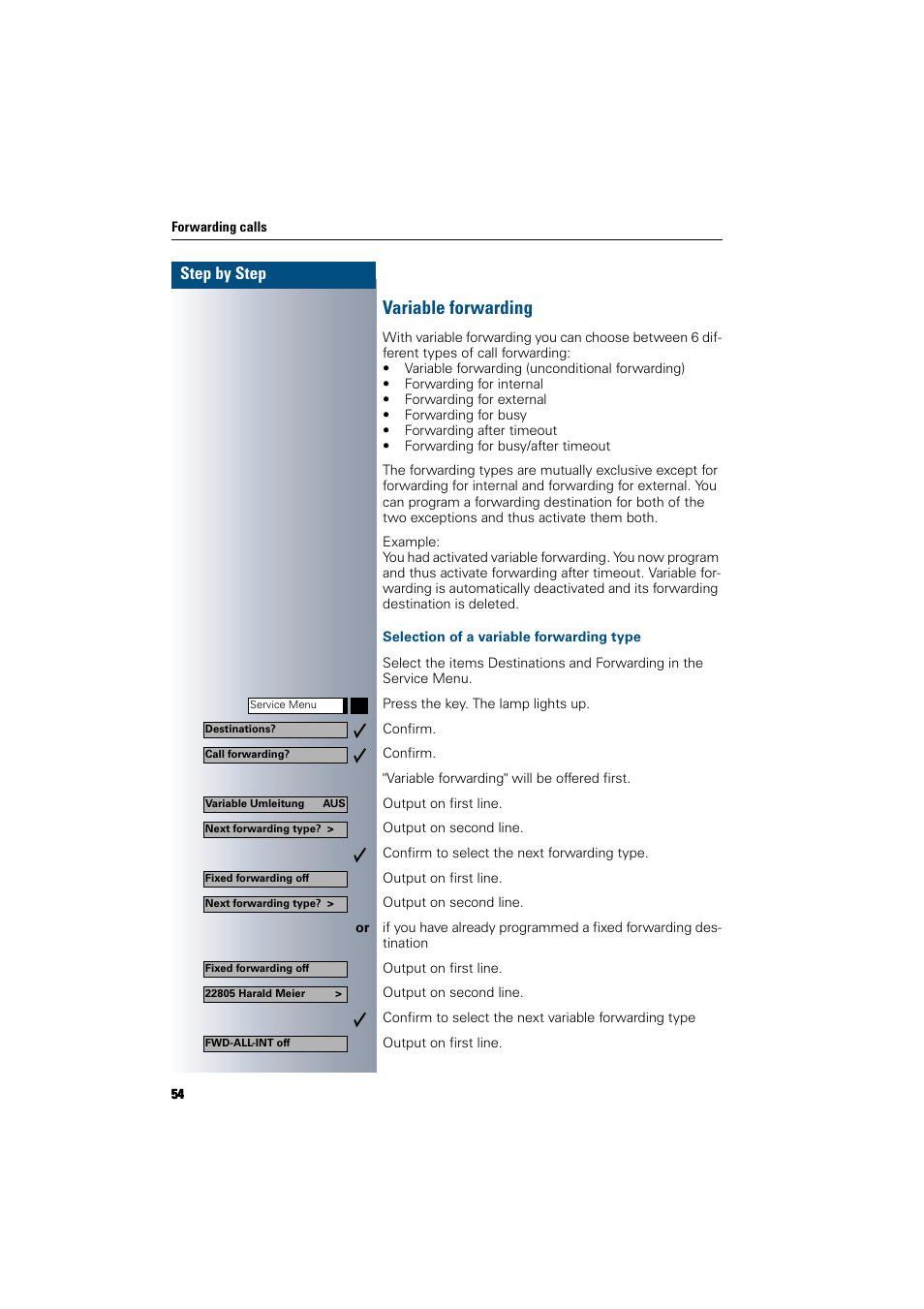 Variable forwarding, Selection of a variable forwarding type, Step by step | Siemens 300 H User Manual | Page 54 / 101