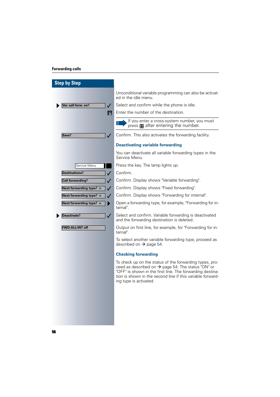 Deactivating variable forwarding, Checking forwarding, Step by step | Siemens 300 H User Manual | Page 56 / 101